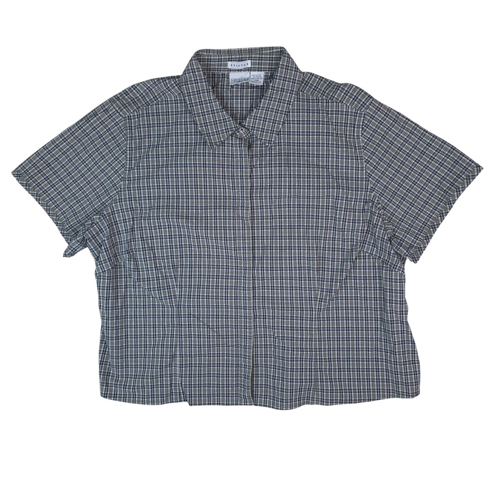 Carolina Colours Plus Button Down Shirt Women 24W Blue Plaid Stretch Snap Front